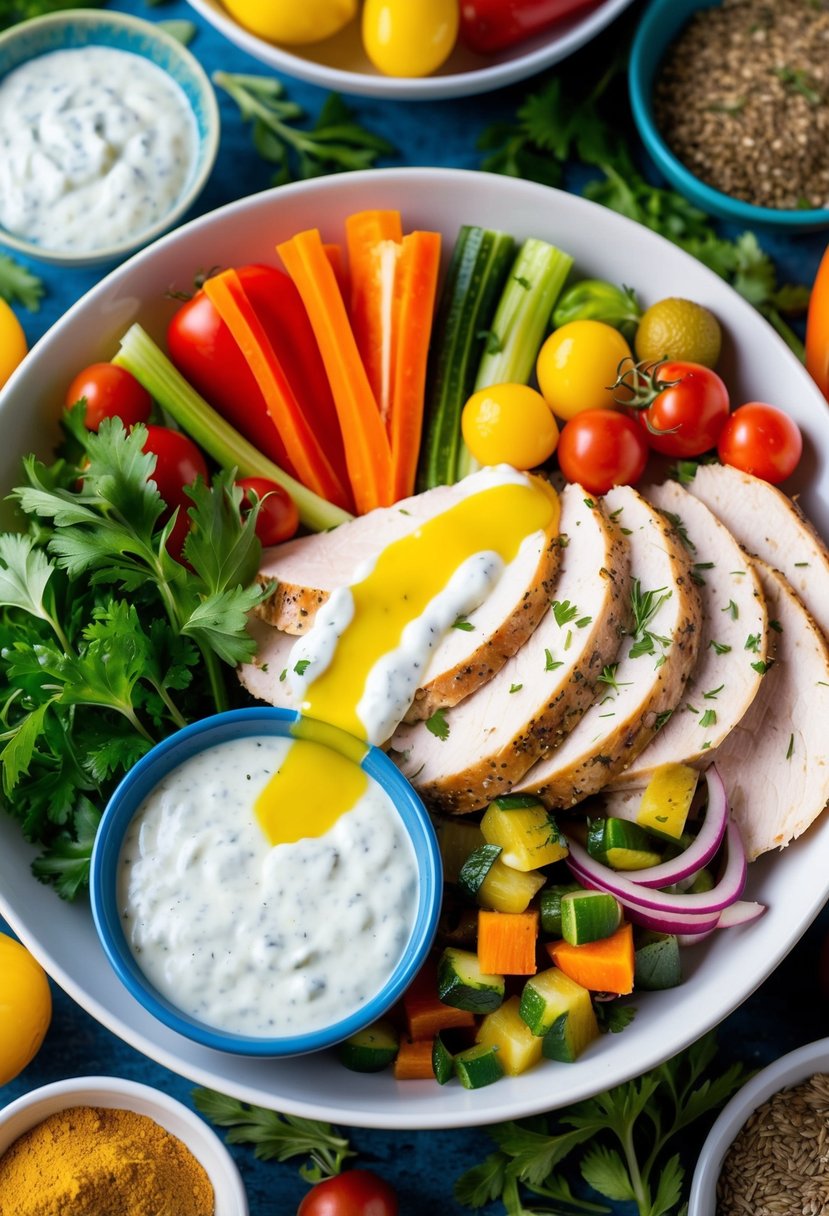 A colorful array of fresh vegetables, sliced turkey, and a drizzle of tzatziki sauce in a bowl, surrounded by vibrant herbs and spices
